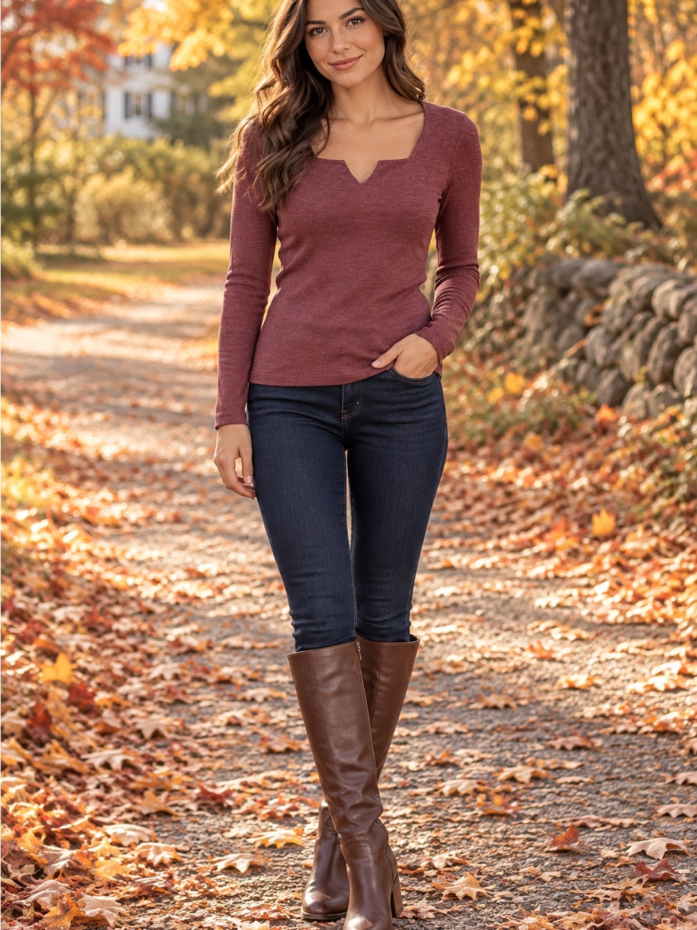 Notch-Neck Ribbed Long-Sleeve Top in Wine NWOT!